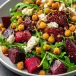 Beet arugula chickpea salad with colorful ingredients and fresh greens