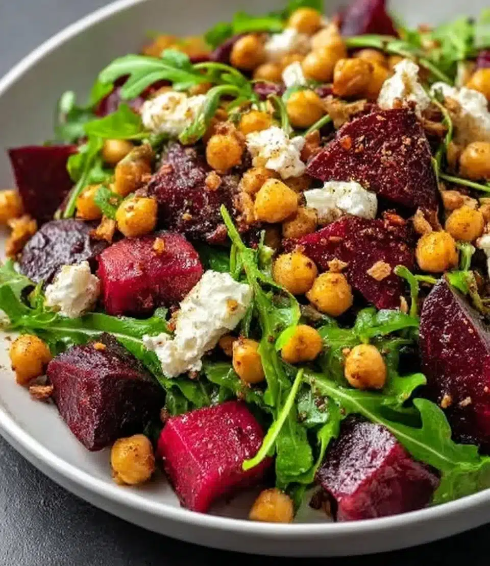 Beet arugula chickpea salad with colorful ingredients and fresh greens
