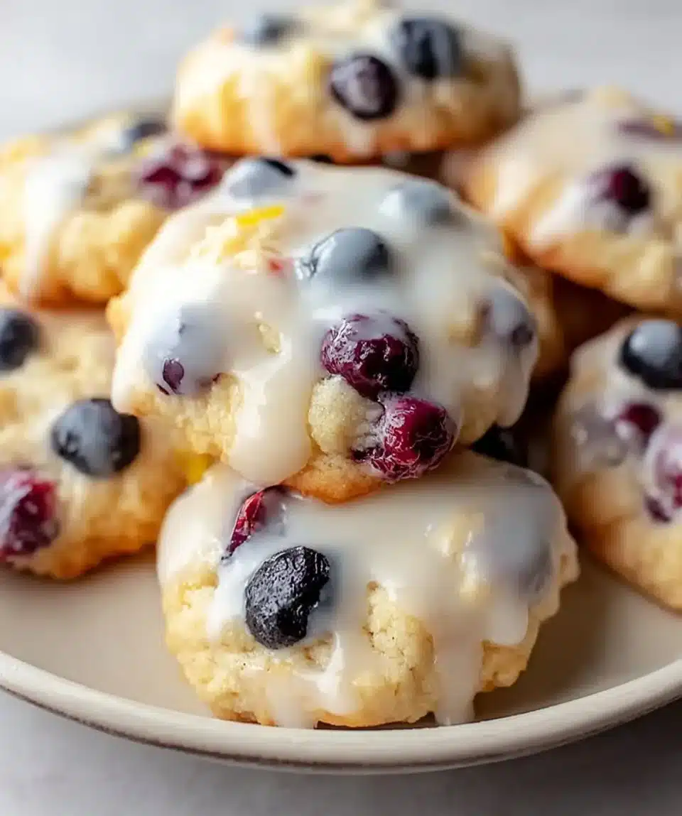 Delicious blueberry cookies drizzled with lemon glaze on a wooden table.