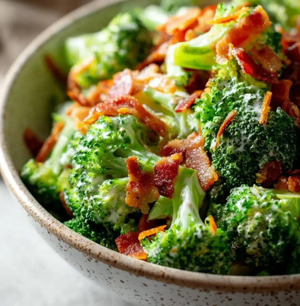 Delicious broccoli salad with bacon, topped with cheese and nuts