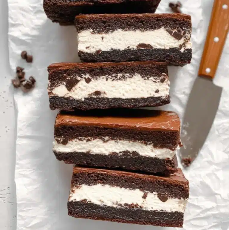Brownie ice cream sandwiches with rich chocolate brownies and creamy ice cream filling