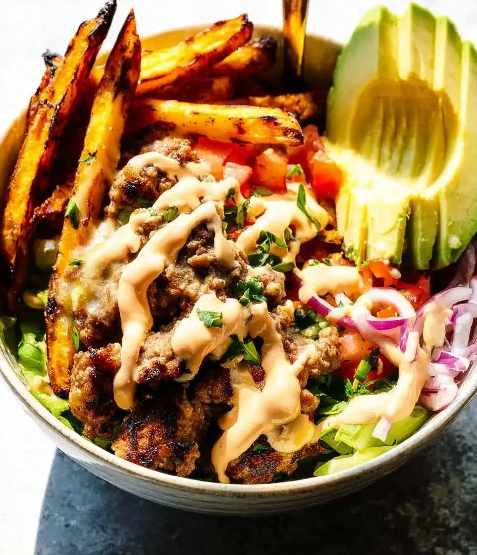 Delicious burger bowls with fresh toppings and ingredients