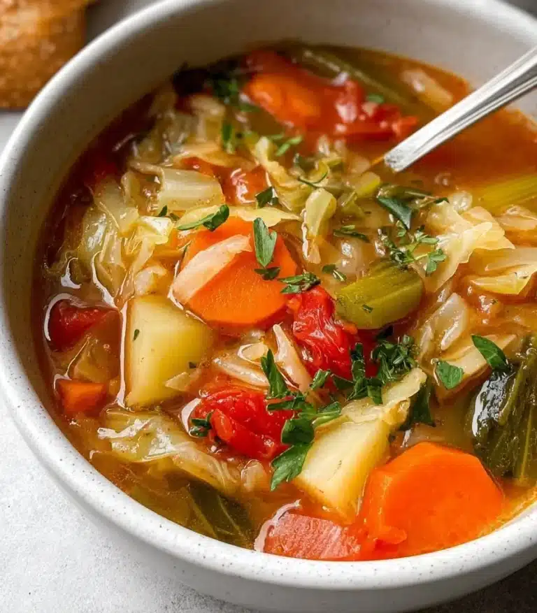 Bowl of healthy cabbage soup with fresh ingredients