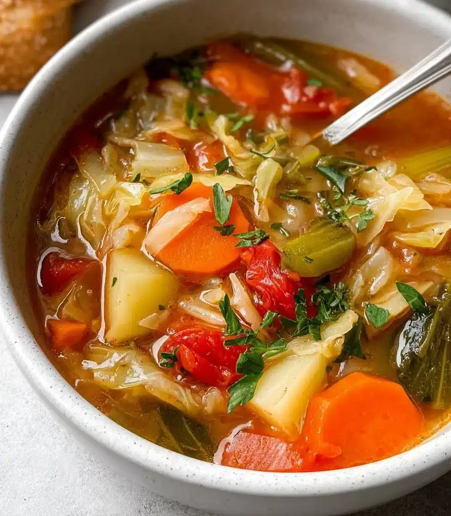 Bowl of healthy cabbage soup with fresh ingredients