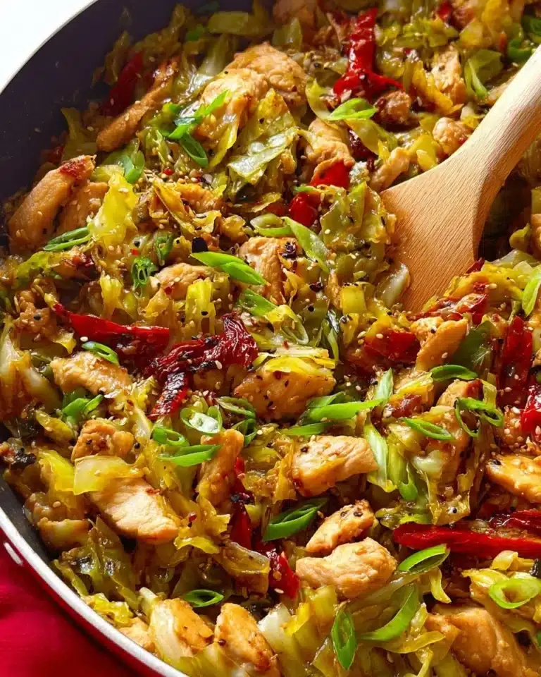 Delicious cabbage stir fry with colorful vegetables in a pan