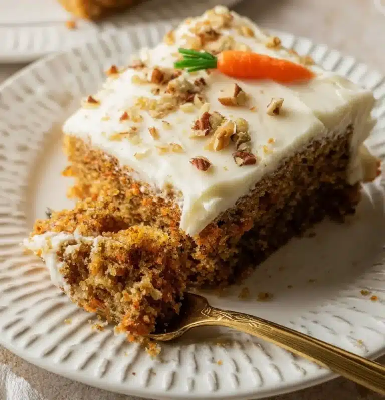 Delicious homemade carrot cake topped with cream cheese frosting