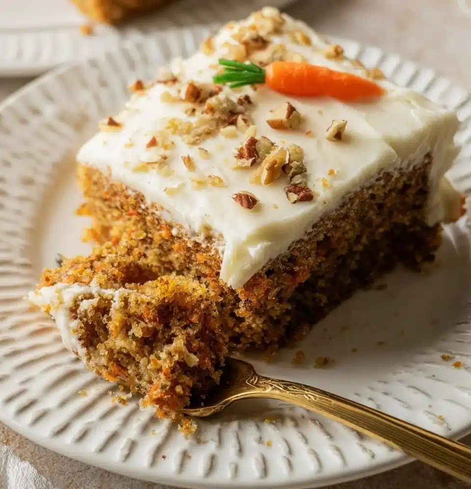Delicious homemade carrot cake topped with cream cheese frosting