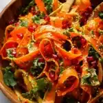 Freshly prepared carrot salad with vibrant colors and healthy ingredients.