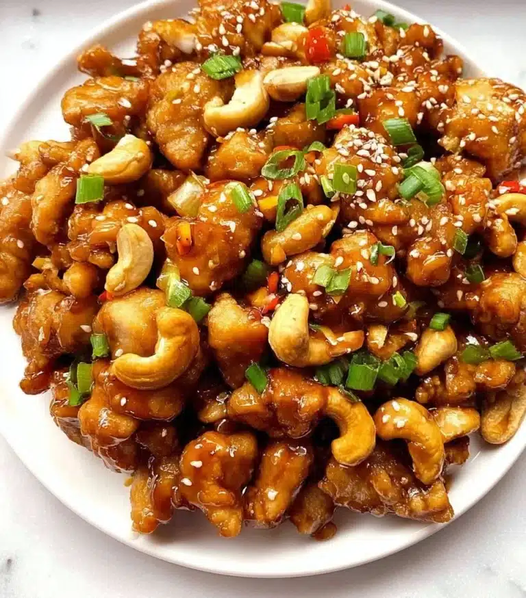 Delicious plate of Cashew Chicken with cashews and vegetables