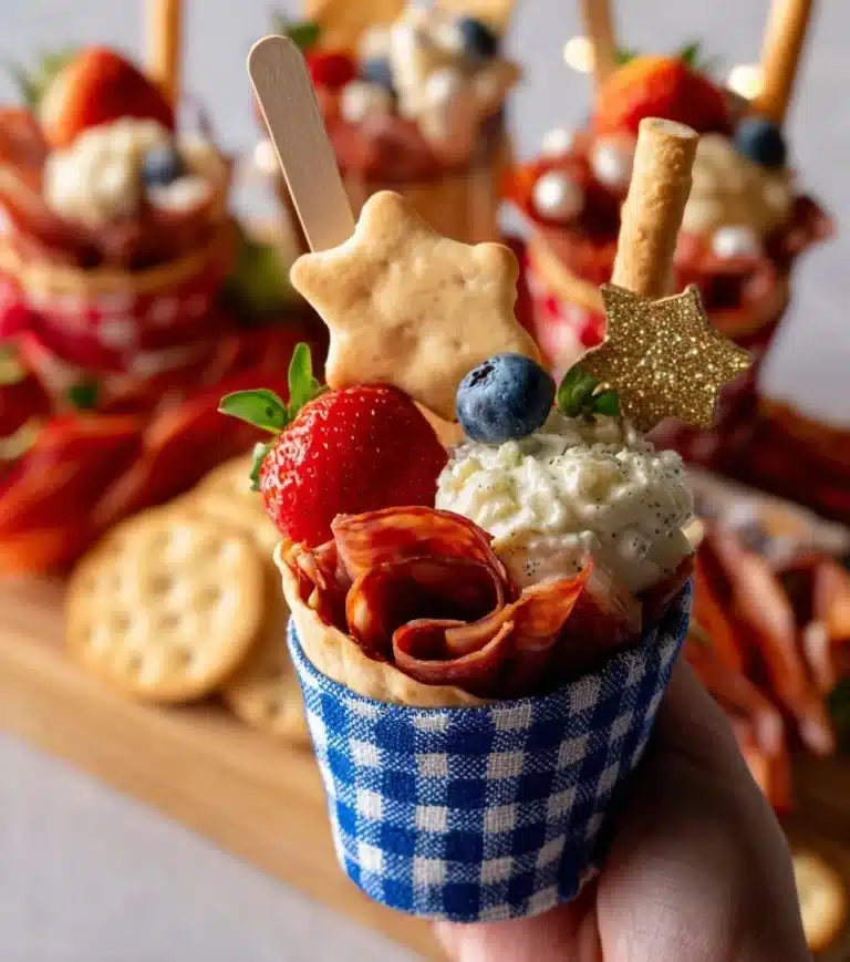 A colorful assortment of charcuterie cups filled with meats, cheeses, and fruits.