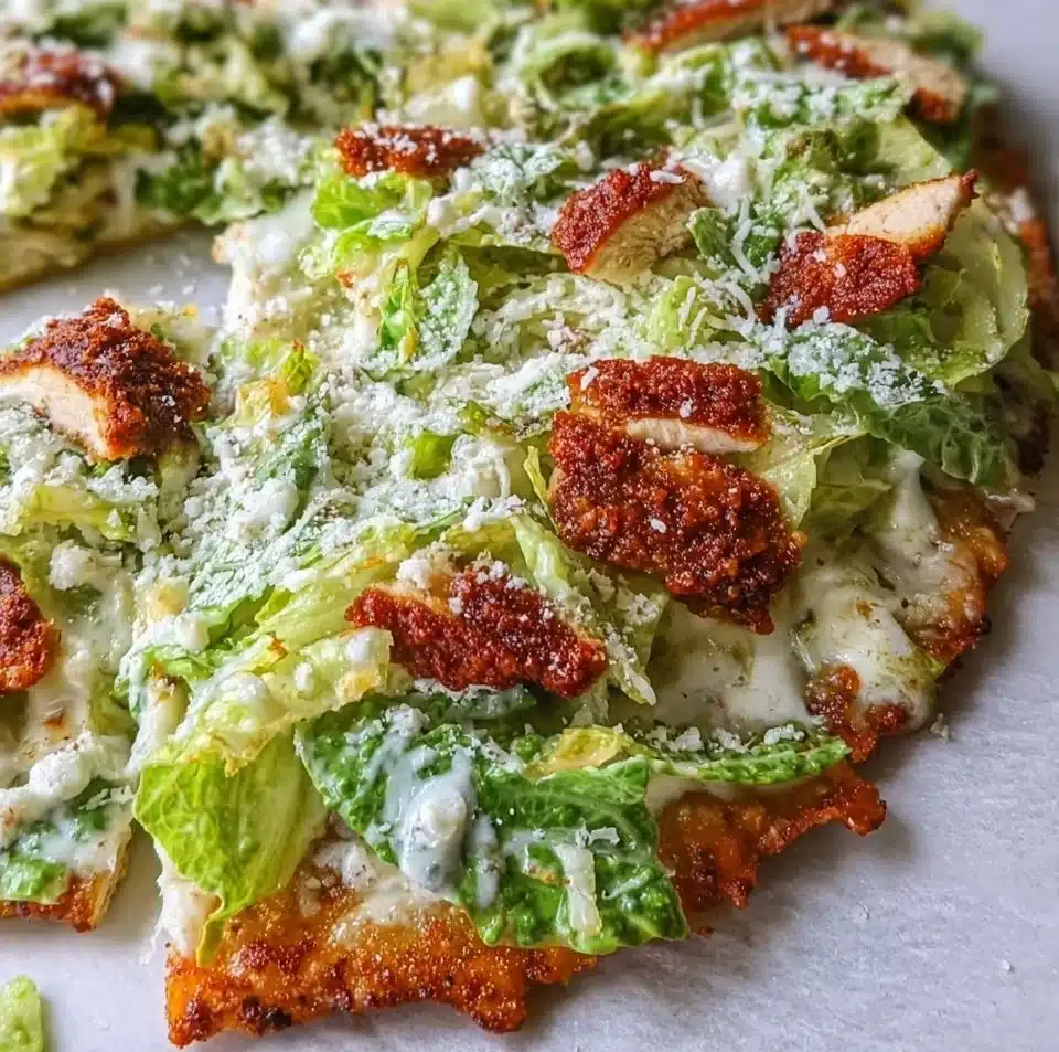 Delicious Chicken Caesar Salad Pizza topped with fresh ingredients and Caesar dressing