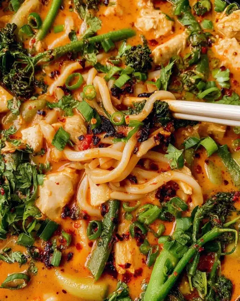 A bowl of chicken curry noodles garnished with fresh herbs and spices.