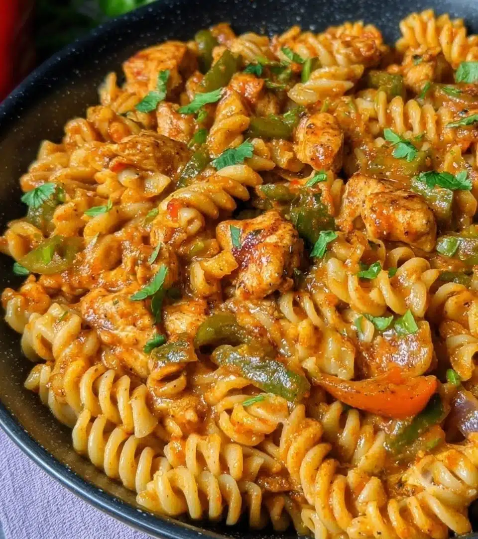 Plate of Chicken Fajita Pasta with colorful peppers and chicken in a creamy sauce