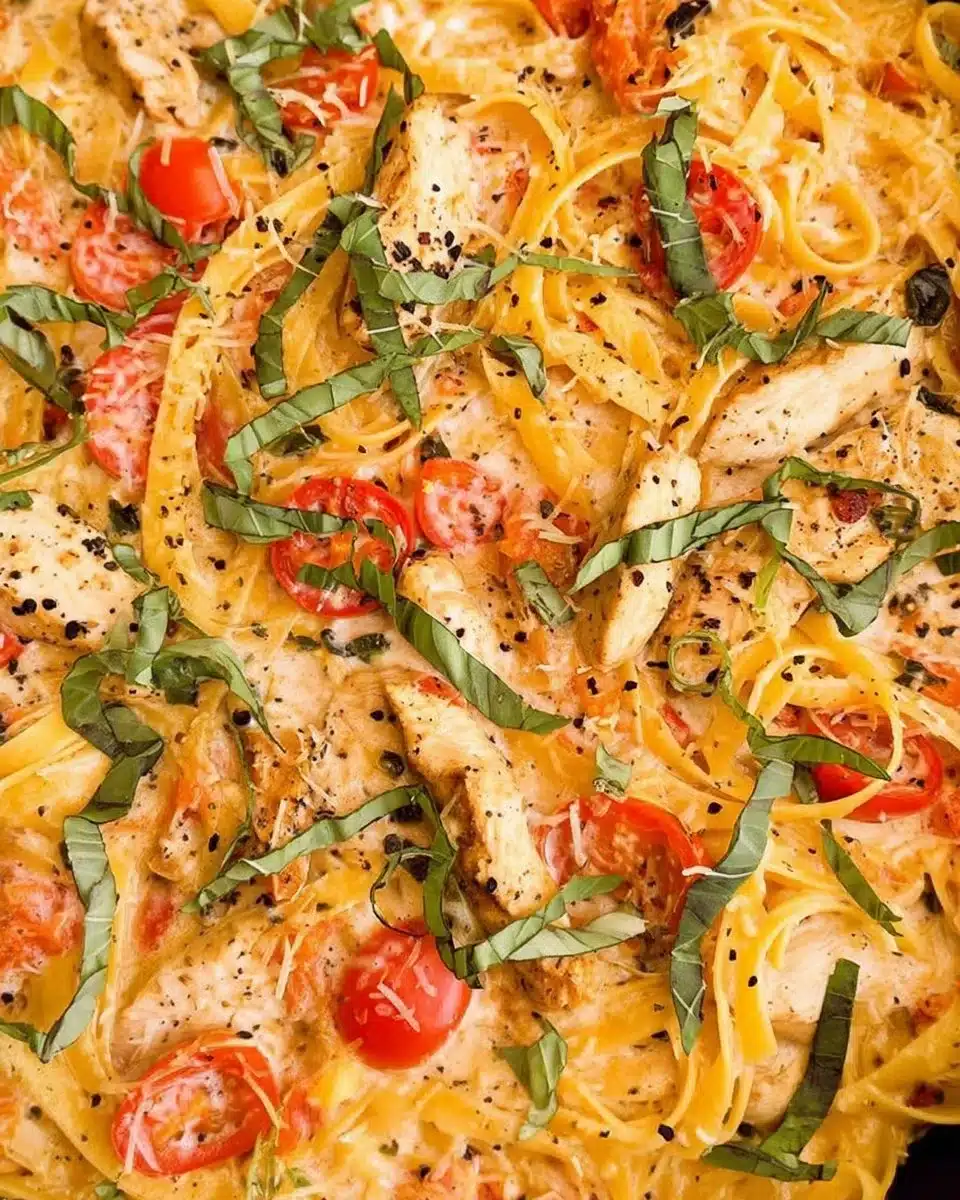 Delicious Chicken Margherita Pasta served with fresh basil and tomatoes