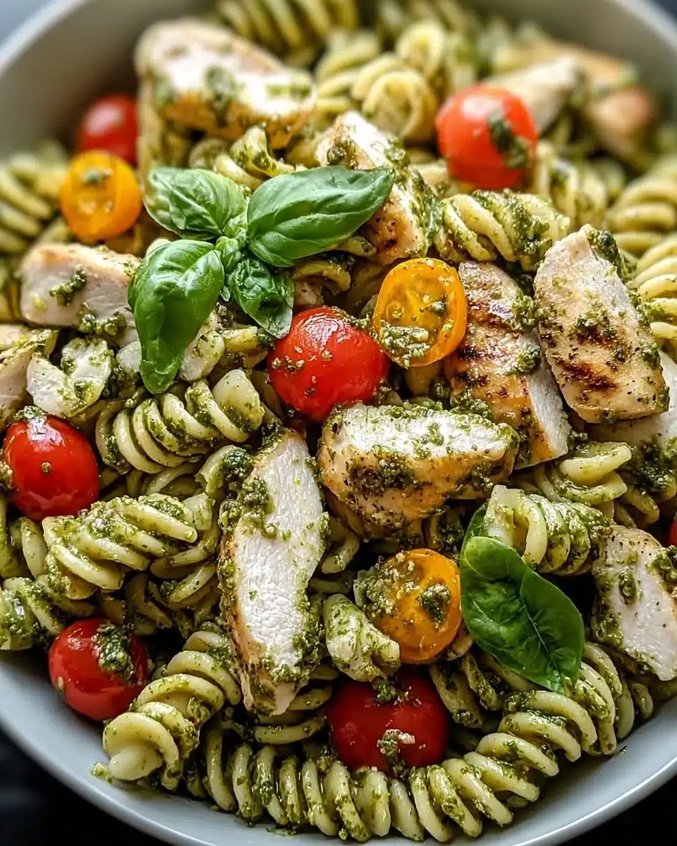 Chicken Pesto Pasta Salad with fresh ingredients and vibrant colors