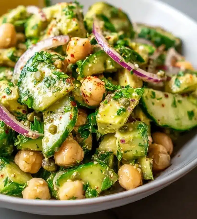 Chickpea Avocado Cucumber Salad with fresh vegetables in a bowl