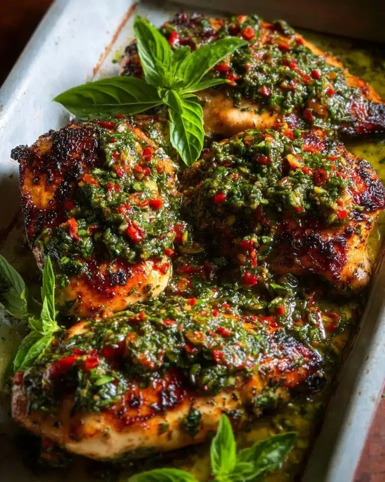 Plate of juicy Chimichurri Chicken garnished with fresh herbs