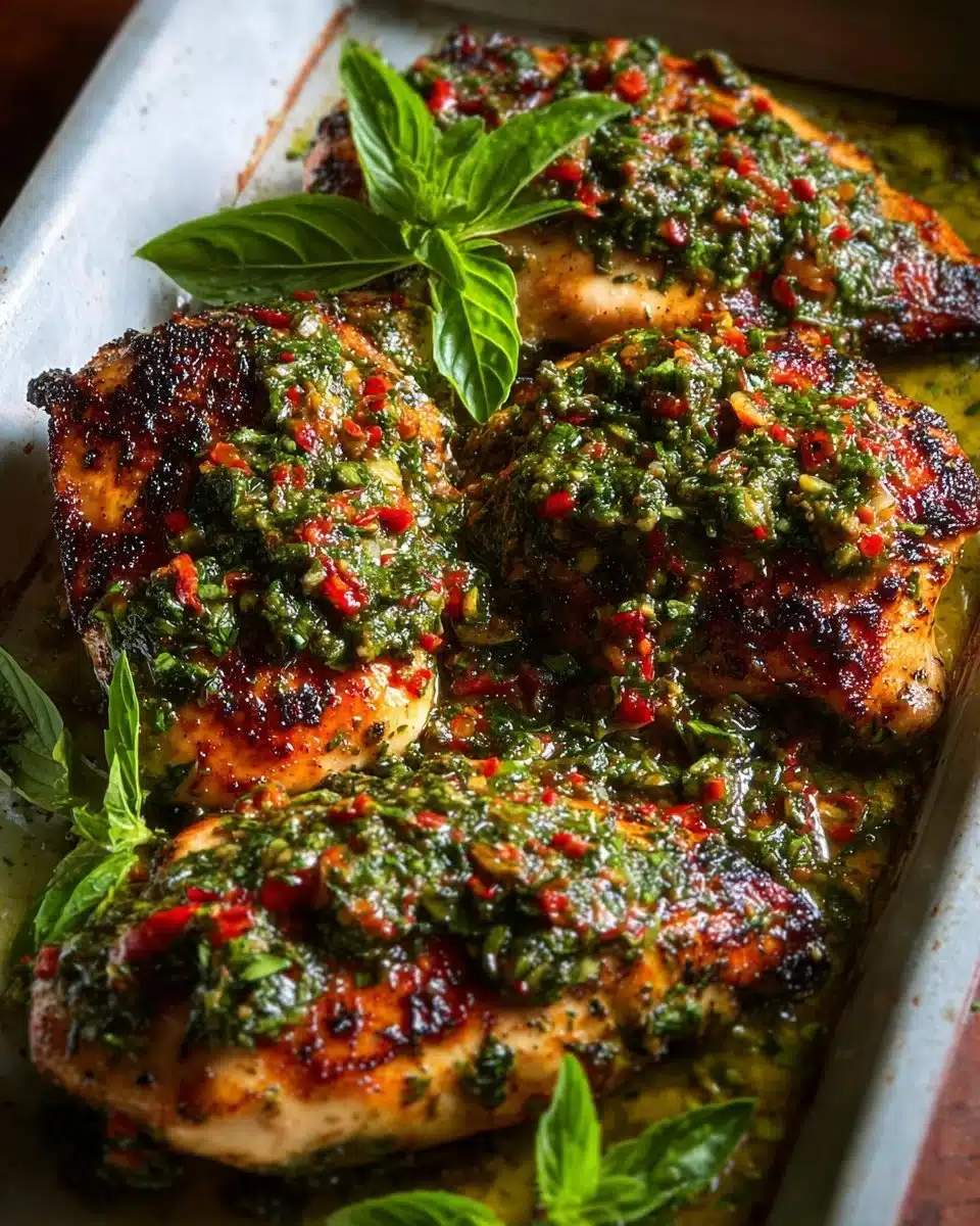 Plate of juicy Chimichurri Chicken garnished with fresh herbs