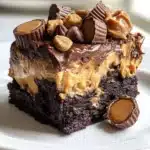 Chocolate Peanut Butter Cup Earthquake Cake topped with creamy peanut butter and chocolate