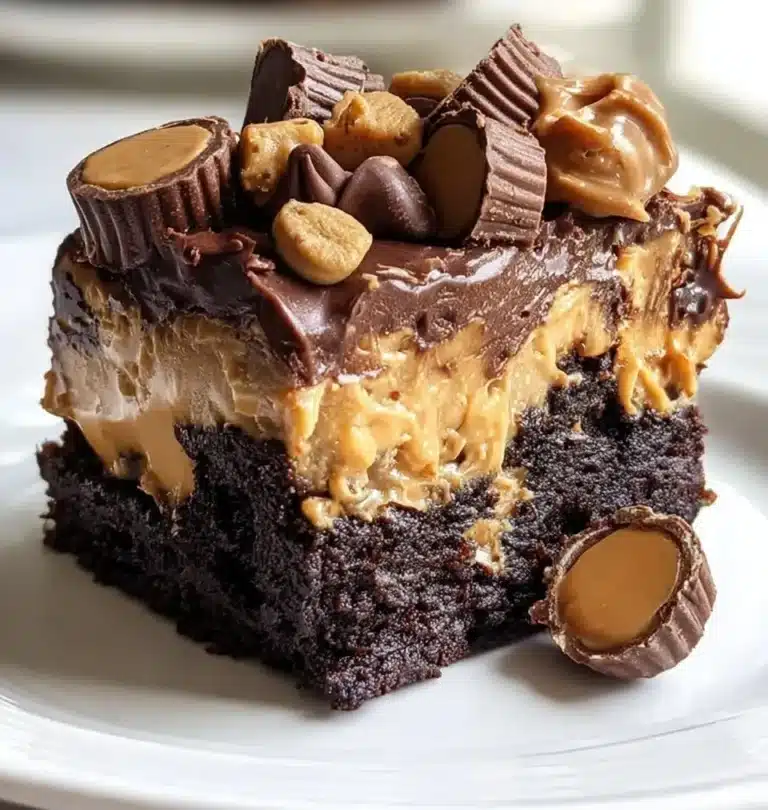 Chocolate Peanut Butter Cup Earthquake Cake topped with creamy peanut butter and chocolate