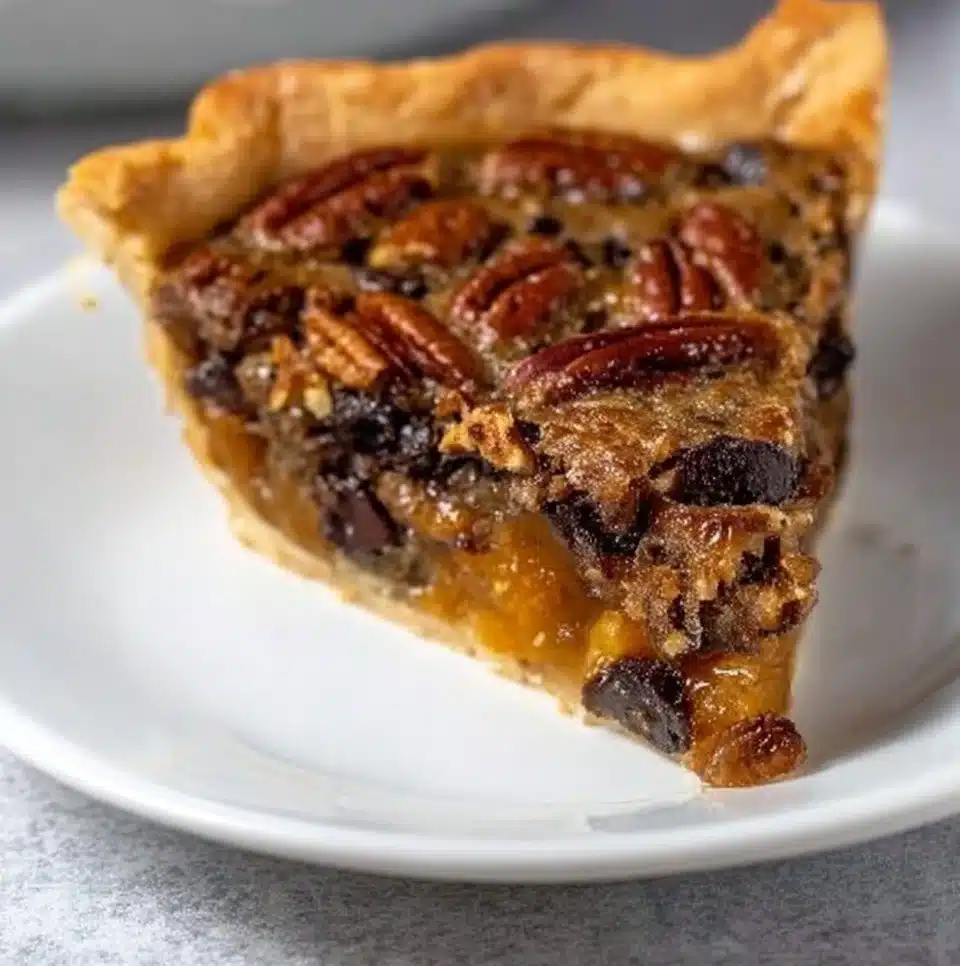 Delicious homemade Chocolate Pecan Pie topped with pecans and chocolate