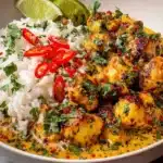 Delicious Coconut Chicken Rice Bowl with chicken and coconut sauce over rice.