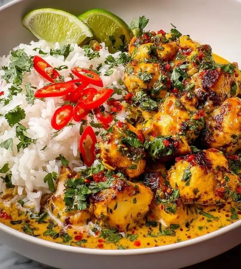 Delicious Coconut Chicken Rice Bowl with chicken and coconut sauce over rice.