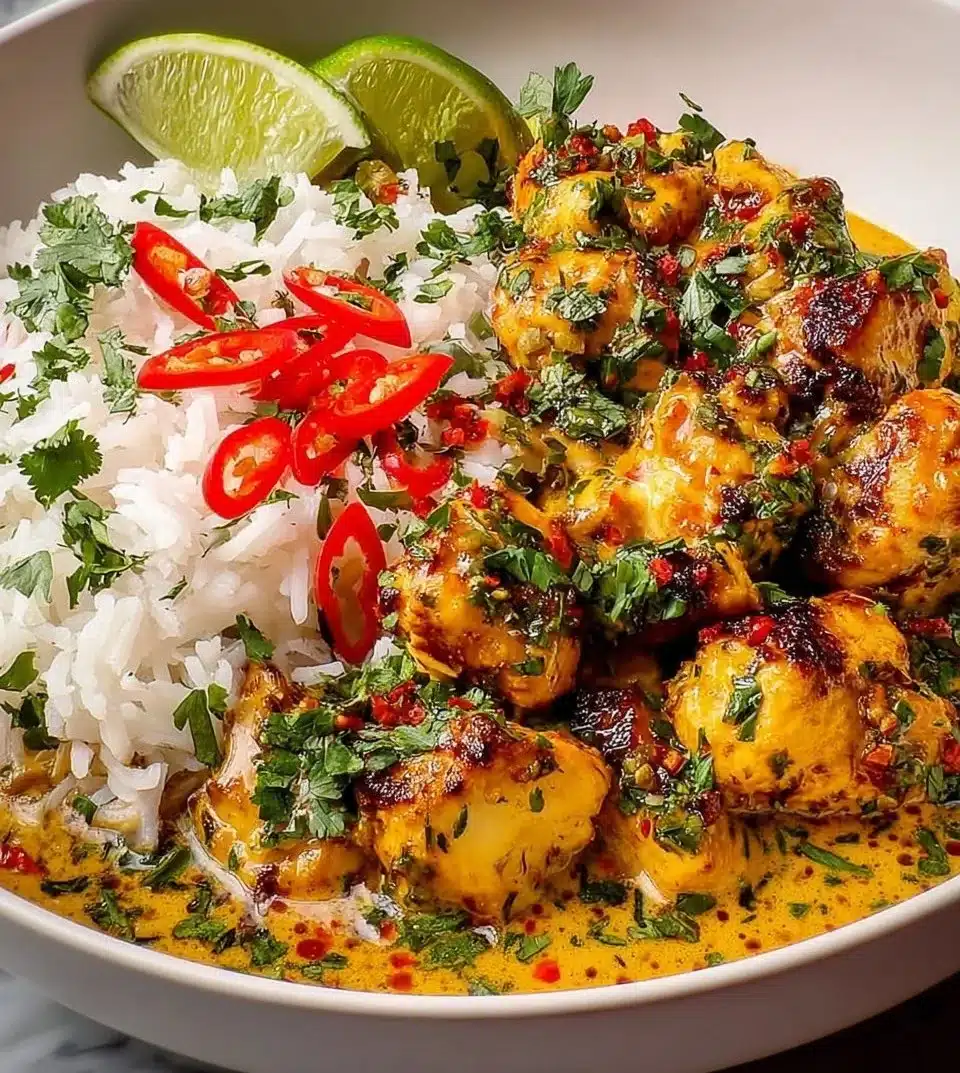 Delicious Coconut Chicken Rice Bowl with chicken and coconut sauce over rice.