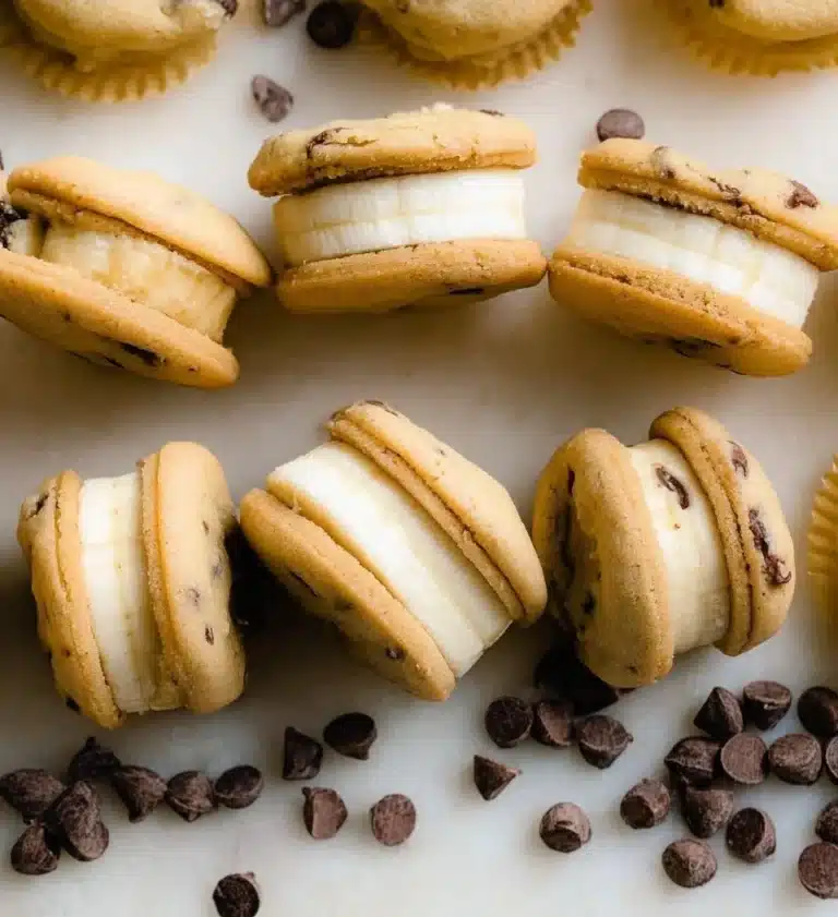Delicious cookie dough banana sandwiches on a wooden plate