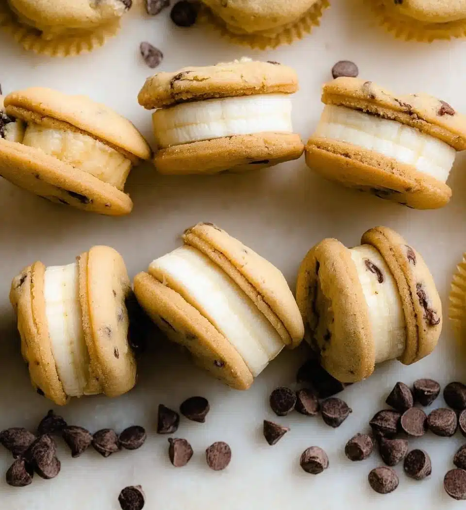 Delicious cookie dough banana sandwiches on a wooden plate
