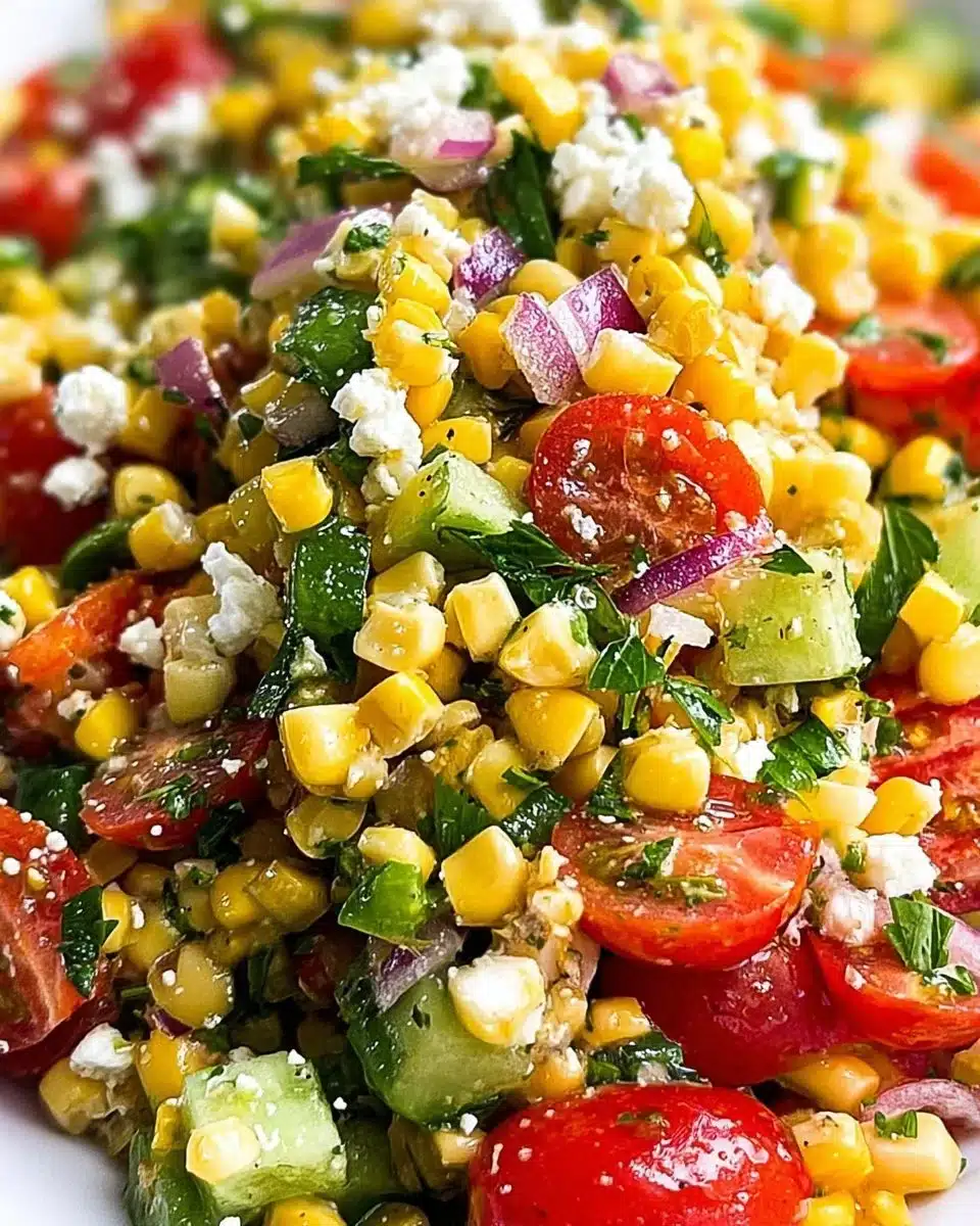 Colorful and fresh corn salad served in a bowl with veggies.