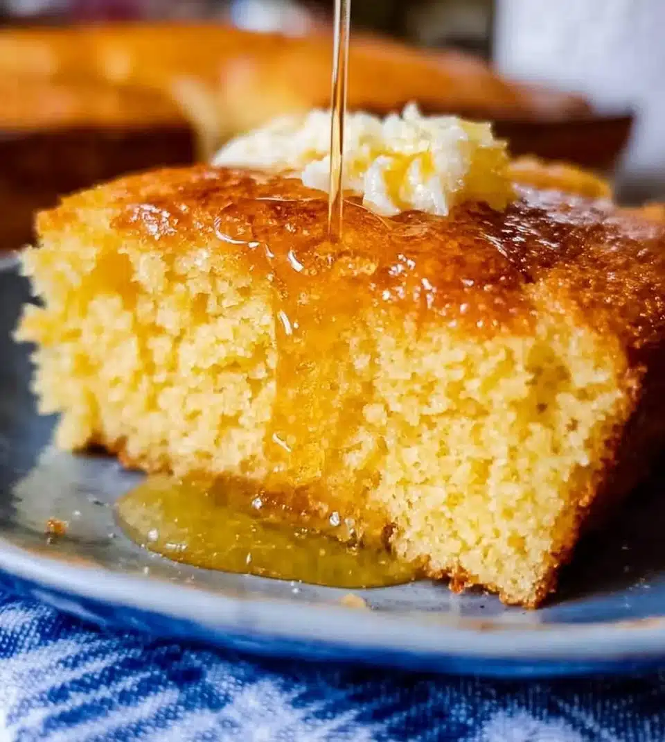Delicious homemade cornbread in a baking dish, perfect for any meal.
