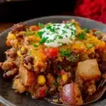 Delicious Cowboy Casserole with ground beef, corn, and cheese