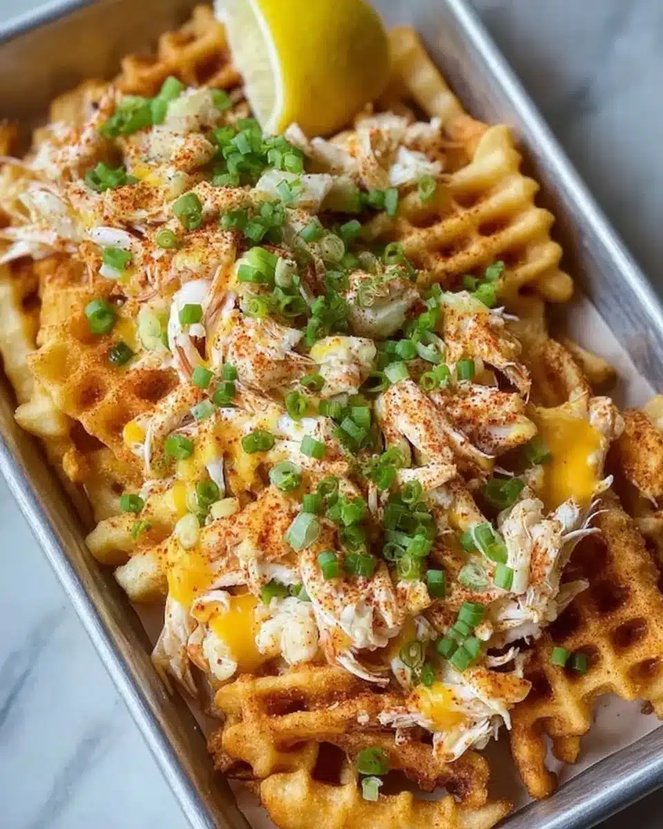 Delicious crab fries topped with cheddar and mozzarella cheese