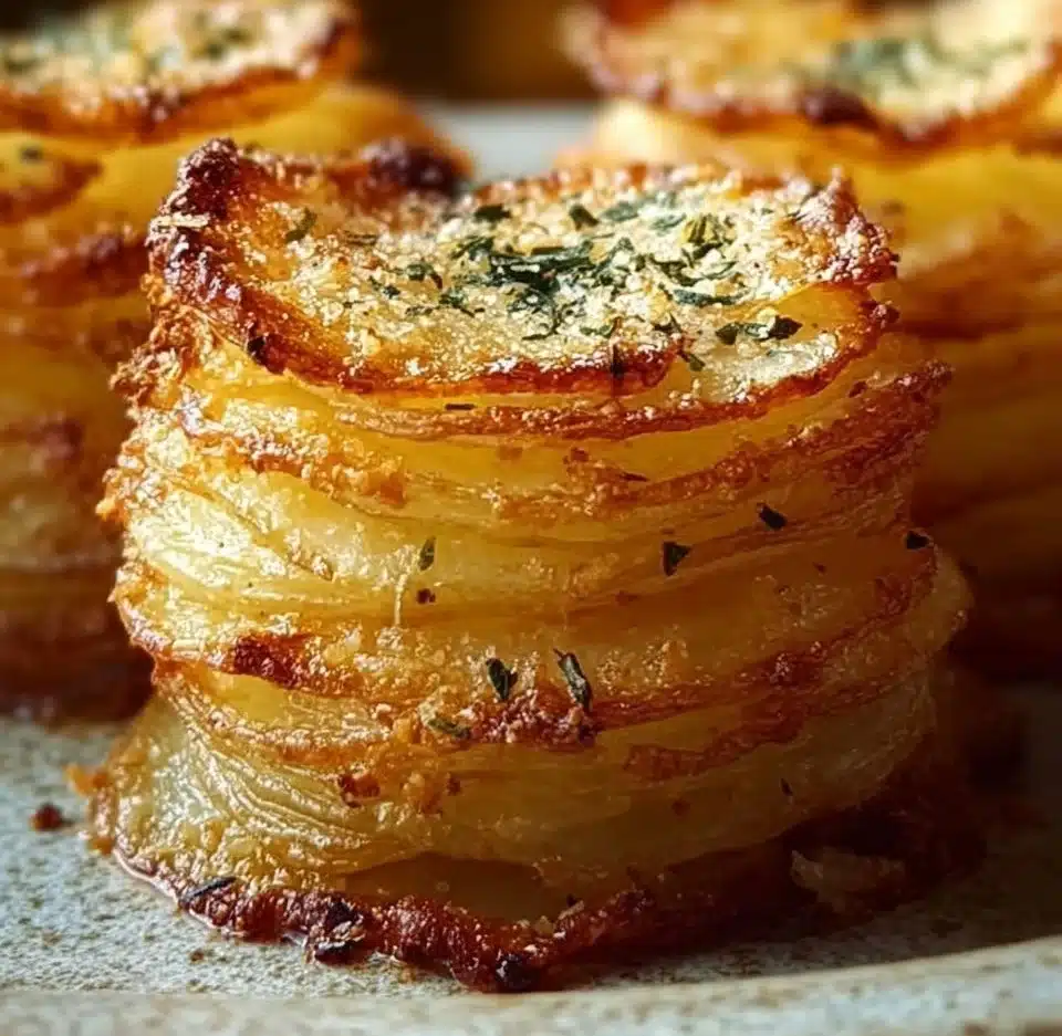 Crispy layered potatoes baked to perfection, showcasing golden layers and crunch.