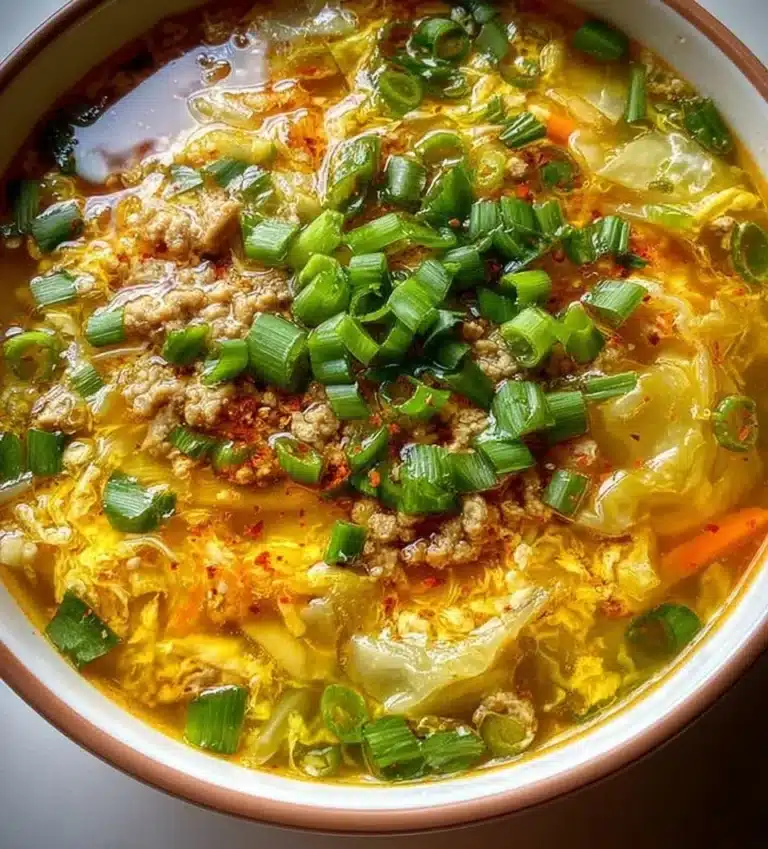Bowl of homemade Egg Roll Soup garnished with green onions and sesame seeds
