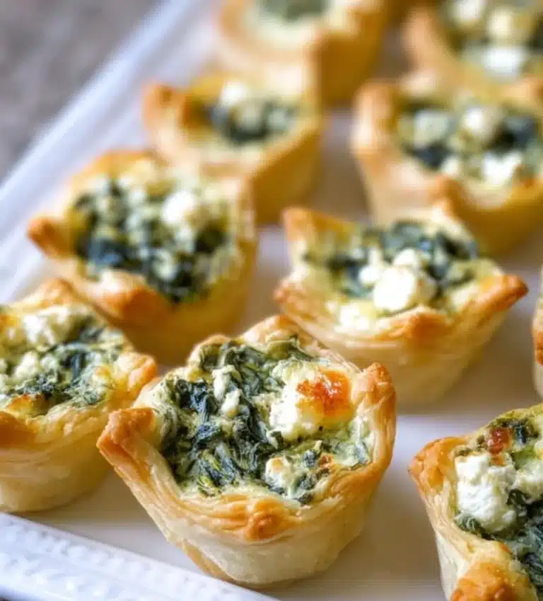 Delicious feta spinach tartlets served on a wooden platter.