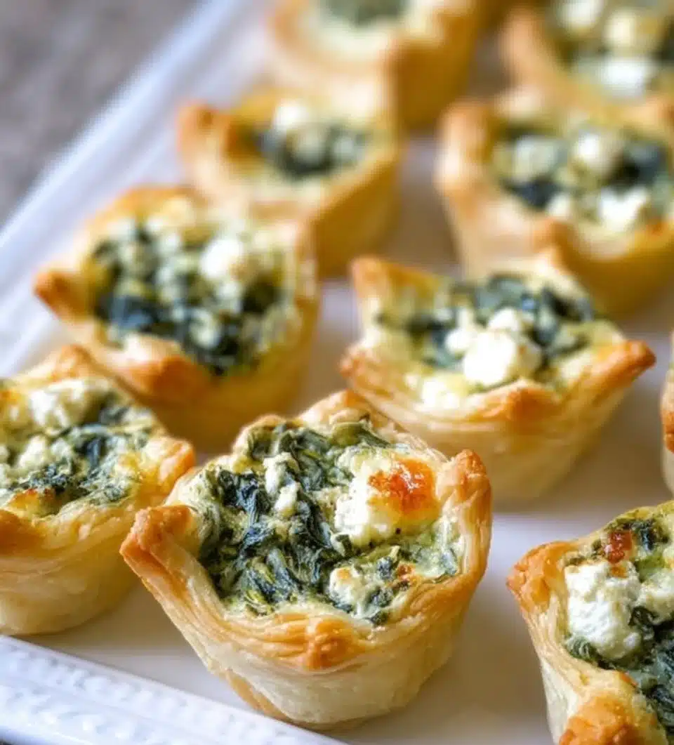 Delicious feta spinach tartlets served on a wooden platter.