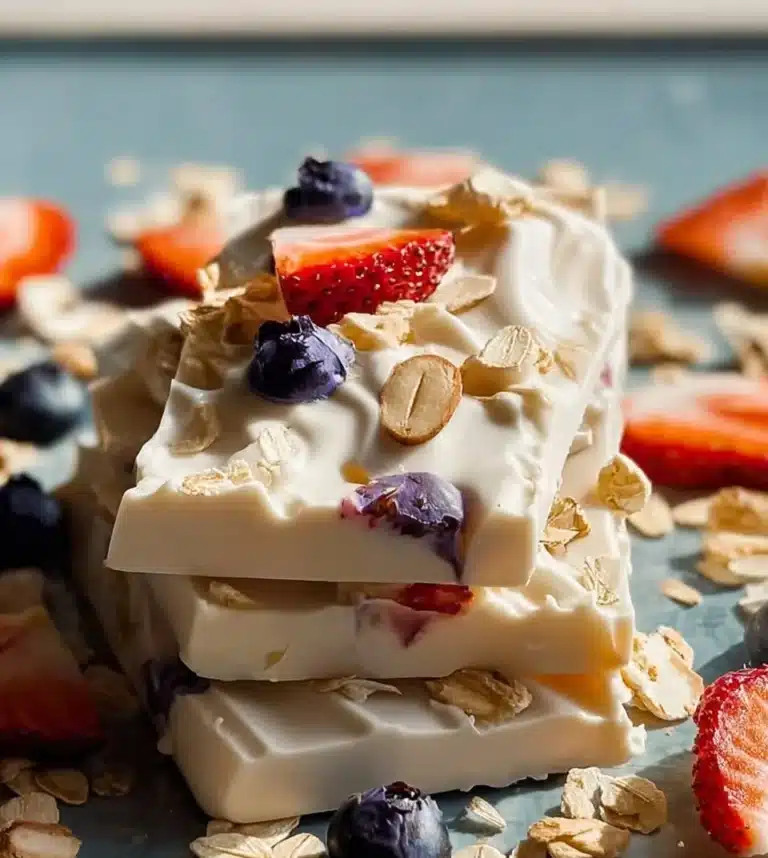 Delicious Frozen Yogurt Bark topped with fresh fruits and nuts