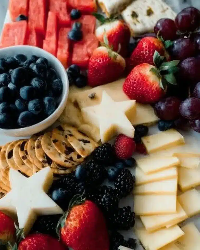 Beautifully arranged fruit cheese board with assorted cheeses and fresh fruits.