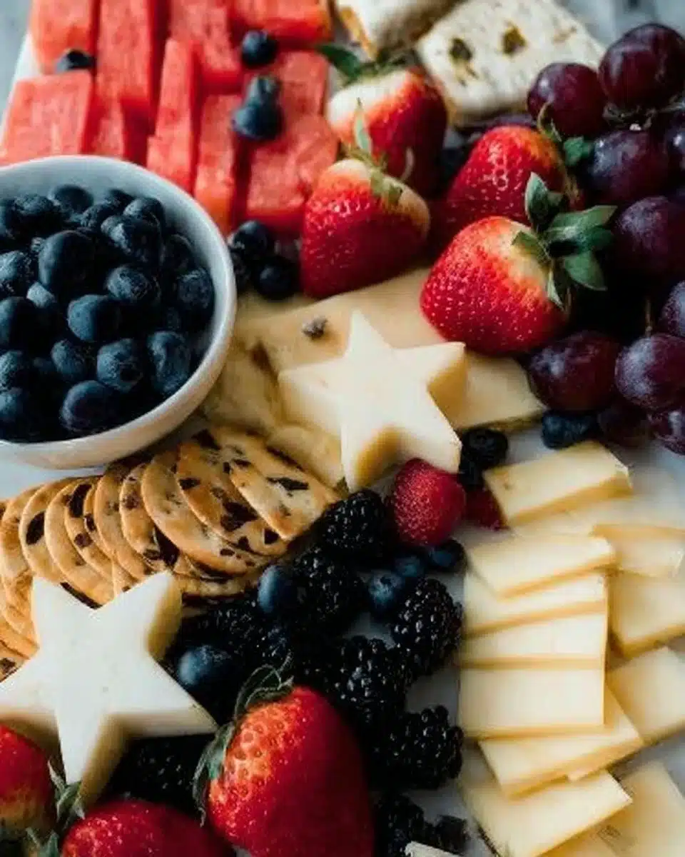 Beautifully arranged fruit cheese board with assorted cheeses and fresh fruits.