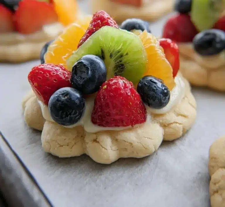 Colorful fruit pizza cookies topped with fresh fruits and cream