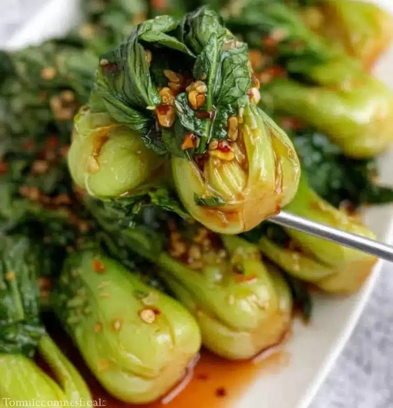 Stir-fried Garlic Bok Choy with vibrant green leaves and garlic cloves