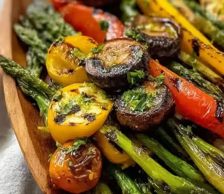 Colorful assortment of grilled vegetables on a platter.