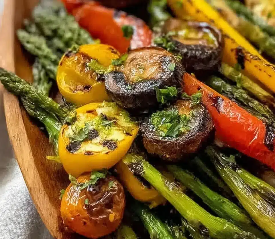 Colorful assortment of grilled vegetables on a platter.