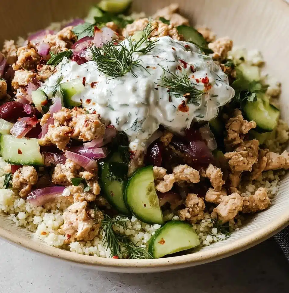 Colorful ground chicken bowls with fresh vegetables and toppings
