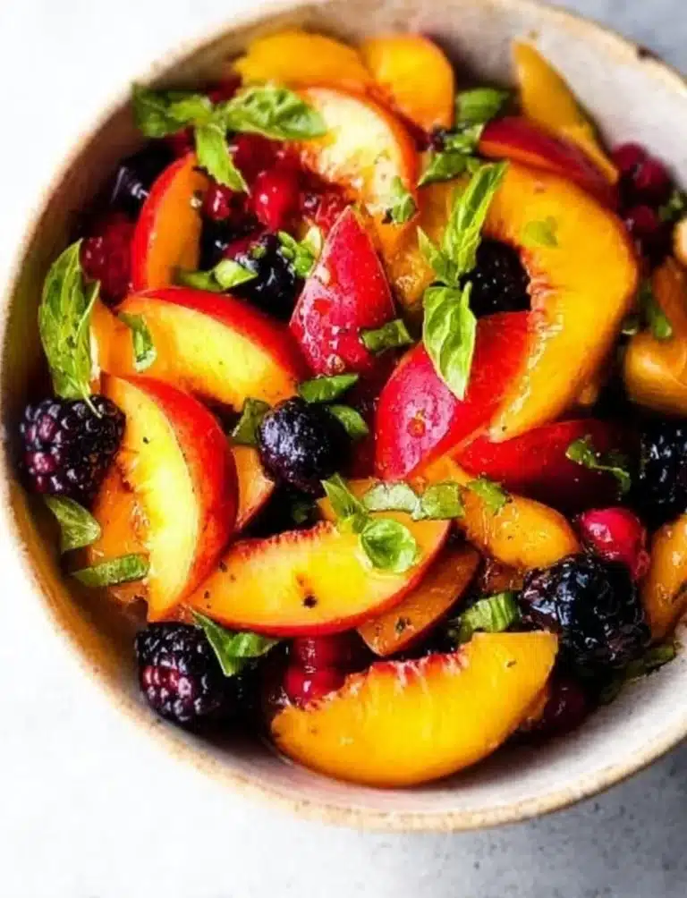 Delicious honey lime basil peach fruit salad in a bowl garnished with fresh basil