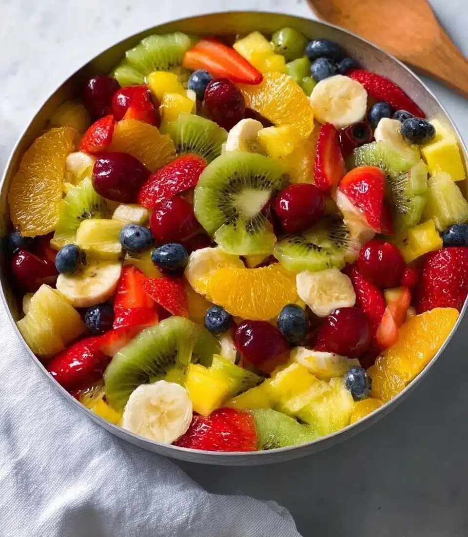 Honey Lime Fruit Salad with mixed fruits in a bowl garnished with lime slices.