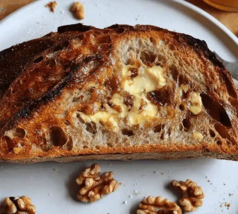 Freshly baked honey walnut sourdough bread loaf with a golden crust
