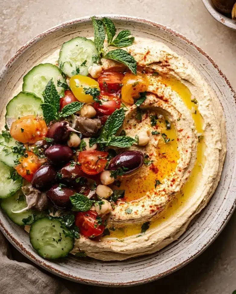 A bowl of homemade hummus garnished with olive oil and spices